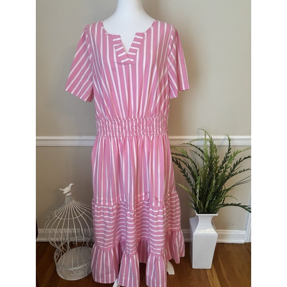 Isaac Mizrahi Live! Womens Size Large Maxi Dress Pink White Stripe Short Sleeve